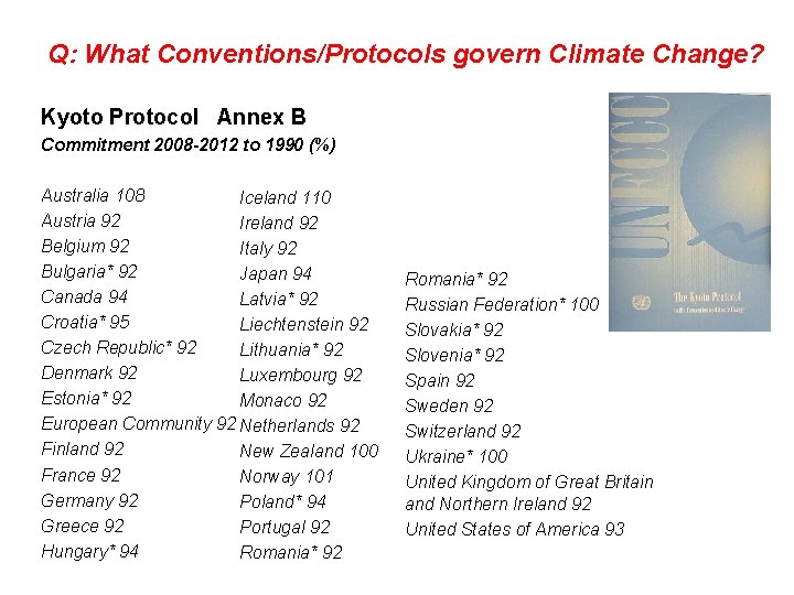 Q: What Conventions/Protocols govern Climate Change? Kyoto Protocol Annex B Commitment 2008 -2012 to