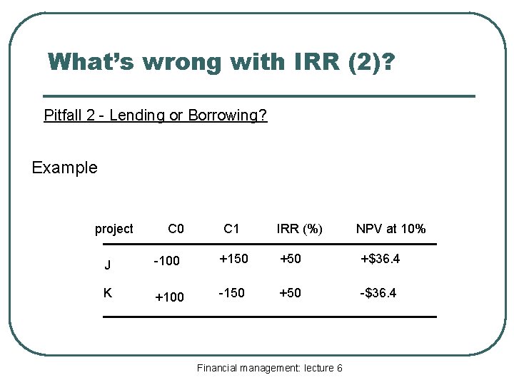 What’s wrong with IRR (2)? Pitfall 2 - Lending or Borrowing? Example project C