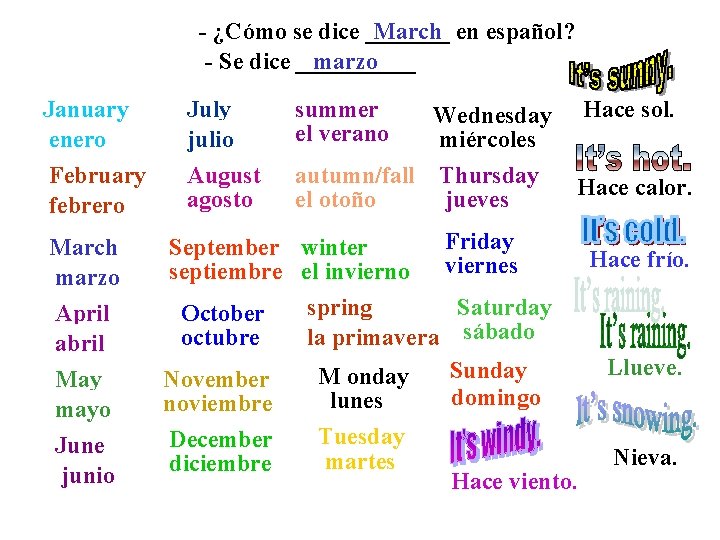 - ¿Cómo se dice _______ March en español? - Se dice _____ marzo January