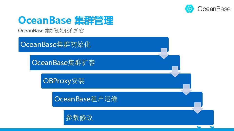 Ocean. Base 集群管理 Ocean. Base 集群初始化和扩容 Ocean. Base集群初始化 Ocean. Base集群扩容 OBProxy安装 Ocean. Base租户运维 参数修改