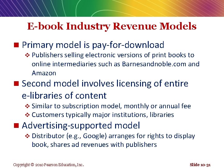 E-book Industry Revenue Models n Primary model is pay-for-download v Publishers selling electronic versions