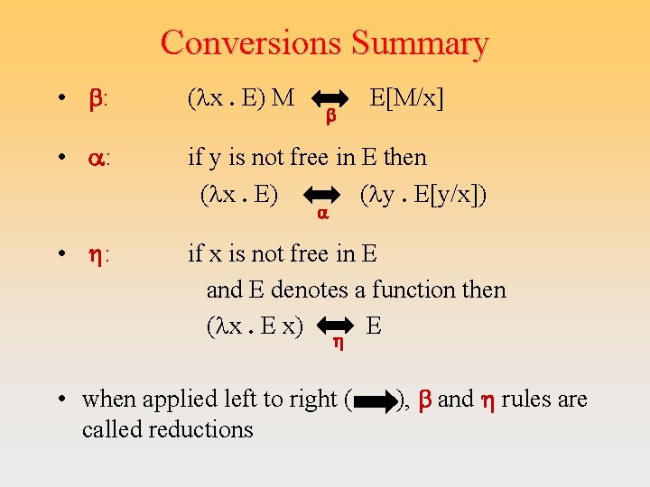 Conversions Summary • b: (lx. E) M • a: if y is not free