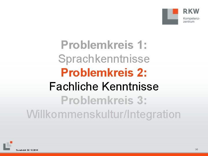 Problemkreis 1: Sprachkenntnisse Problemkreis 2: Fachliche Kenntnisse Problemkreis 3: Willkommenskultur/Integration RKW Kompetenzzentrum Masterfolie Juni