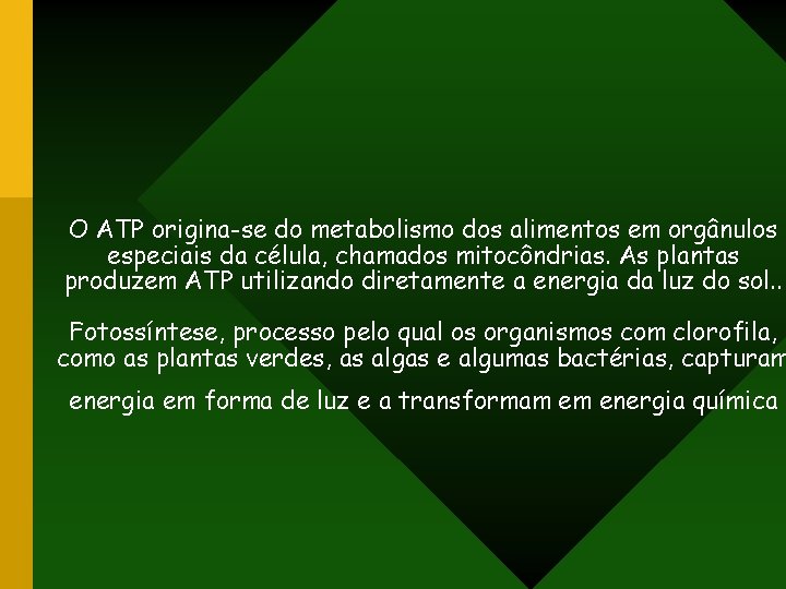 O ATP origina-se do metabolismo dos alimentos em orgânulos especiais da célula, chamados mitocôndrias.