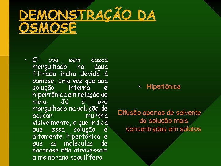 DEMONSTRAÇÃO DA OSMOSE • O ovo sem casca mergulhado na água filtrada incha devido