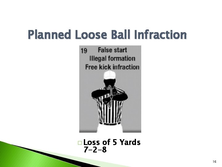 Planned Loose Ball Infraction � Loss of 5 Yards 7 -2 -8 16 