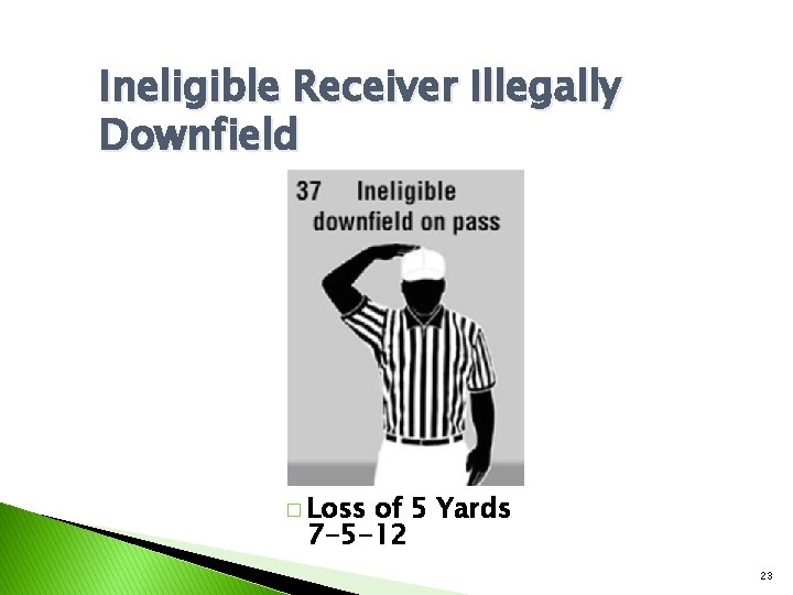 Ineligible Receiver Illegally Downfield � Loss of 5 Yards 7 -5 -12 23 