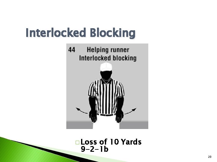 Interlocked Blocking � Loss of 10 Yards 9 -2 -1 b 28 