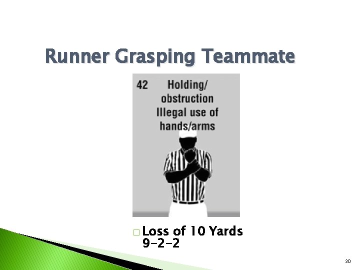 Runner Grasping Teammate � Loss of 10 Yards 9 -2 -2 30 