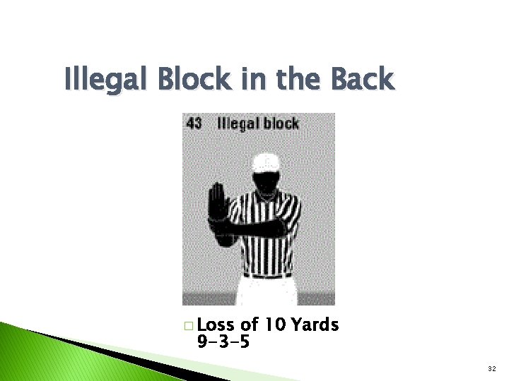 Illegal Block in the Back � Loss of 10 Yards 9 -3 -5 32