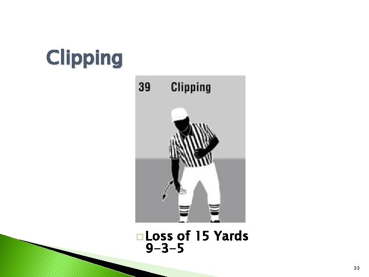 Clipping � Loss of 15 Yards 9 -3 -5 33 