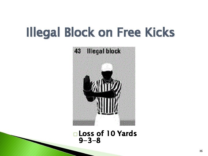 Illegal Block on Free Kicks � Loss of 10 Yards 9 -3 -8 36