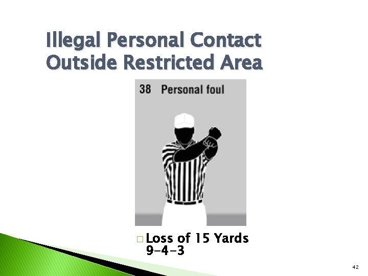 Illegal Personal Contact Outside Restricted Area � Loss of 15 Yards 9 -4 -3