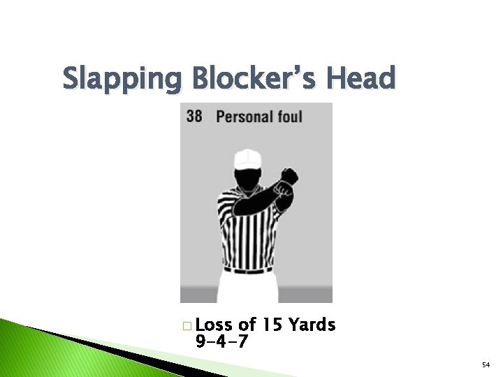 Slapping Blocker’s Head � Loss of 15 Yards 9 -4 -7 54 