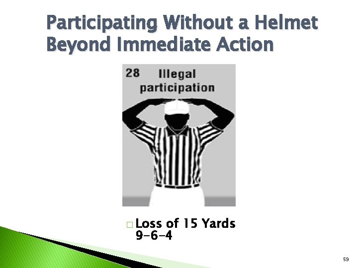 Participating Without a Helmet Beyond Immediate Action � Loss of 15 Yards 9 -6