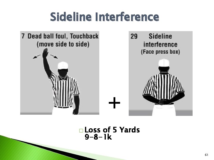 Sideline Interference + � Loss of 5 Yards 9 -8 -1 k 61 