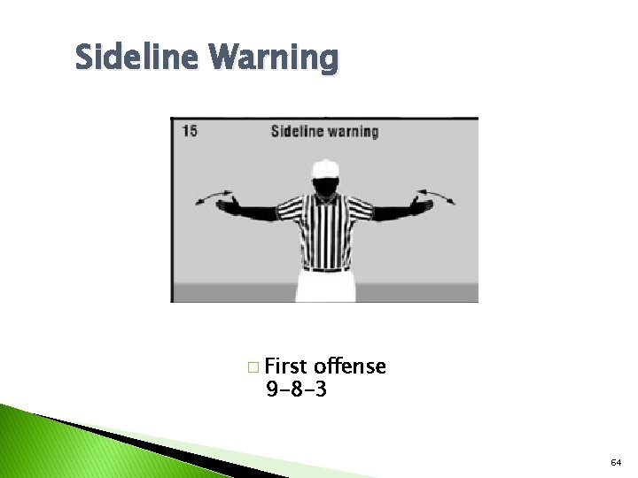 Sideline Warning � First offense 9 -8 -3 64 