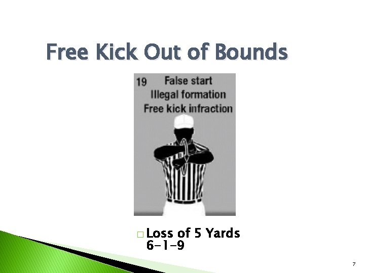 Free Kick Out of Bounds � Loss of 5 Yards 6 -1 -9 7