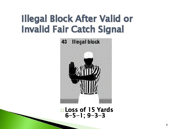 Illegal Block After Valid or Invalid Fair Catch Signal � Loss of 15 Yards