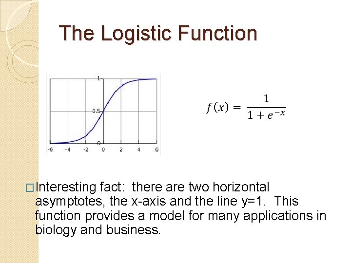 The Logistic Function �Interesting fact: there are two horizontal asymptotes, the x-axis and the