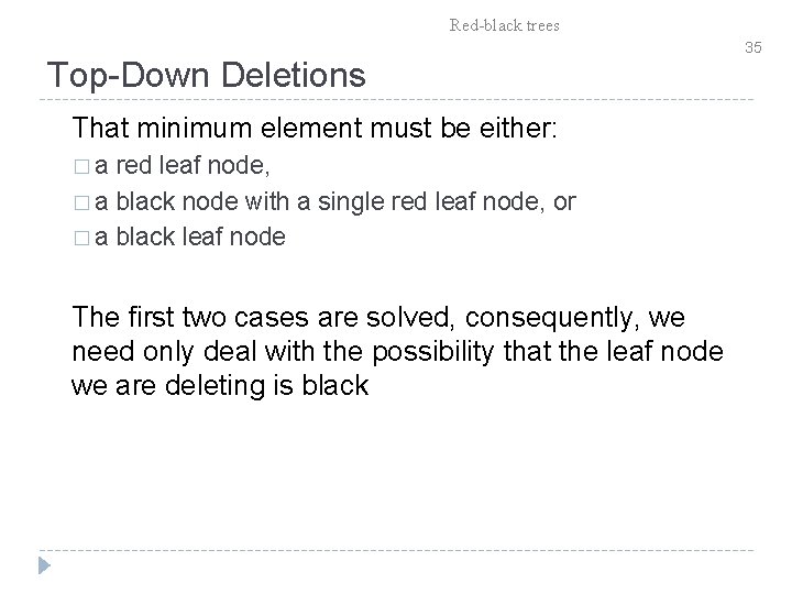 Red-black trees Top-Down Deletions That minimum element must be either: �a red leaf node,