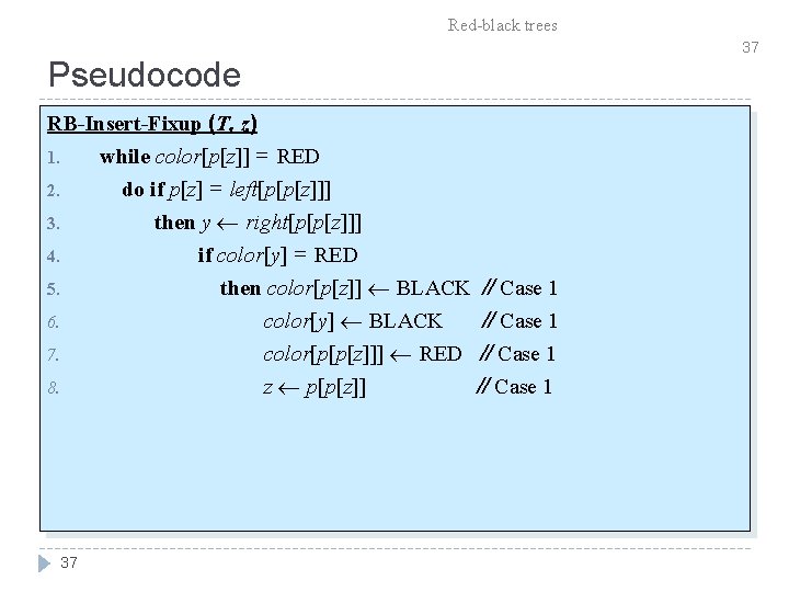 Red-black trees Pseudocode RB-Insert-Fixup (T, z) 1. while color[p[z]] = RED 2. do if