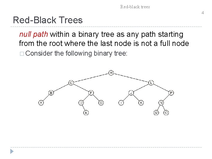 Red-black trees Red-Black Trees null path within a binary tree as any path starting