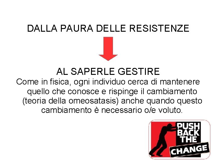 DALLA PAURA DELLE RESISTENZE AL SAPERLE GESTIRE Come in fisica, ogni individuo cerca di