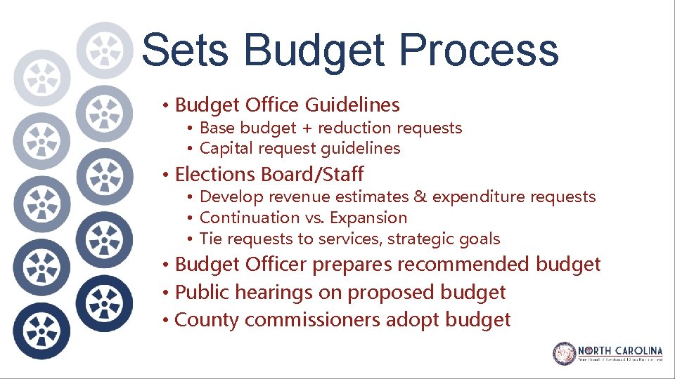 Sets Budget Process • Budget Office Guidelines • Base budget + reduction requests •