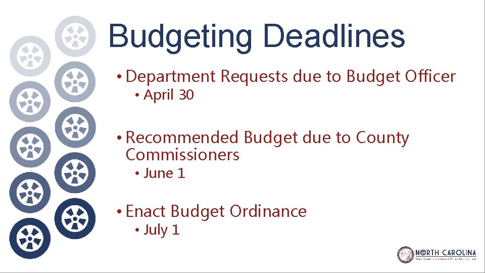 Budgeting Deadlines • Department Requests due to Budget Officer • April 30 • Recommended
