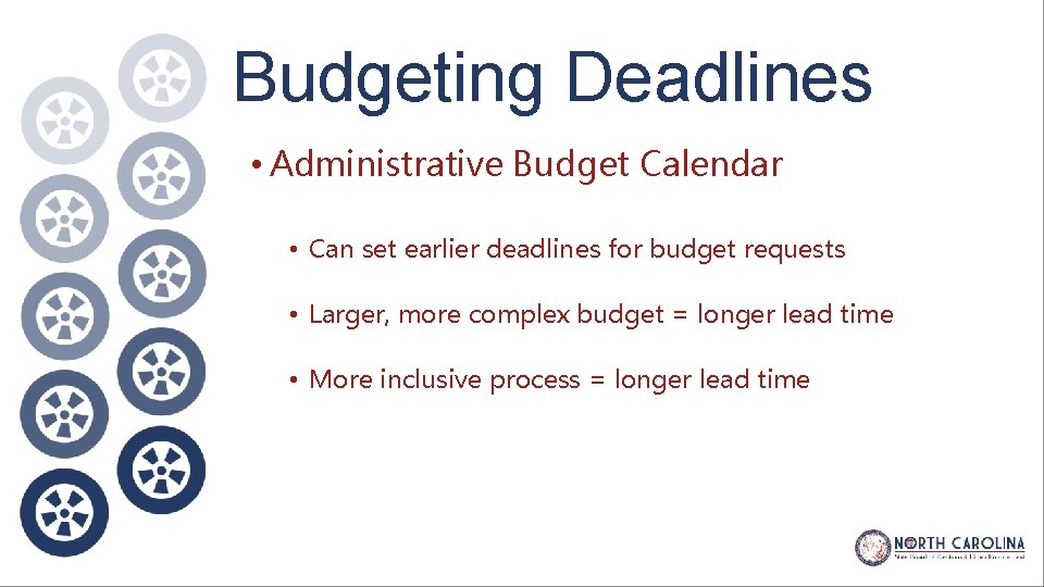 Budgeting Deadlines • Administrative Budget Calendar • Can set earlier deadlines for budget requests