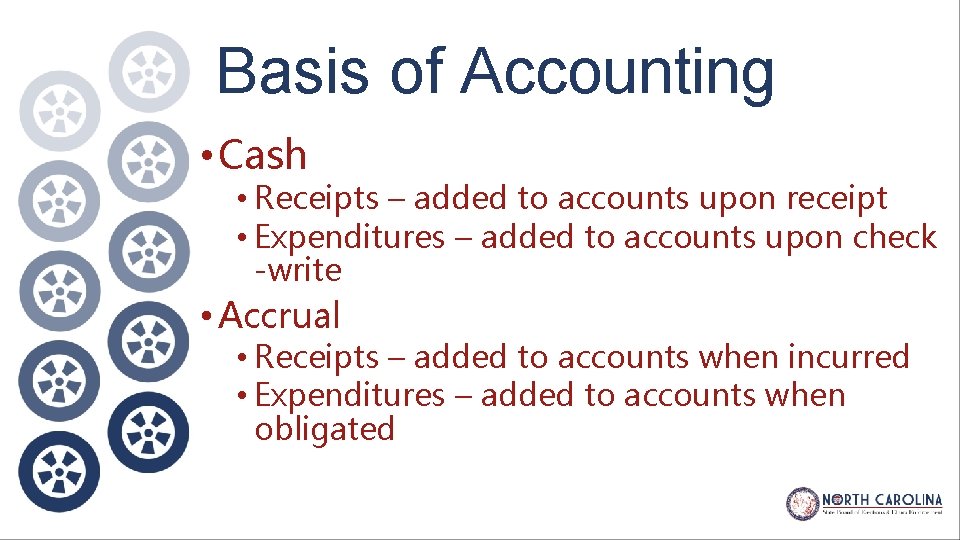 Basis of Accounting • Cash • Receipts – added to accounts upon receipt •