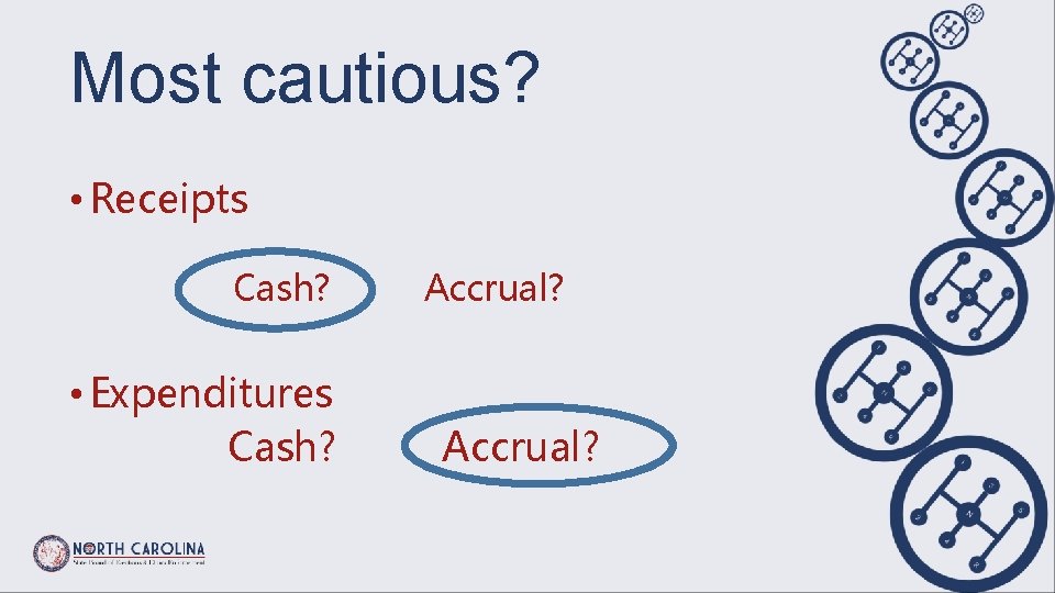Most cautious? • Receipts Cash? • Expenditures Cash? Accrual? 