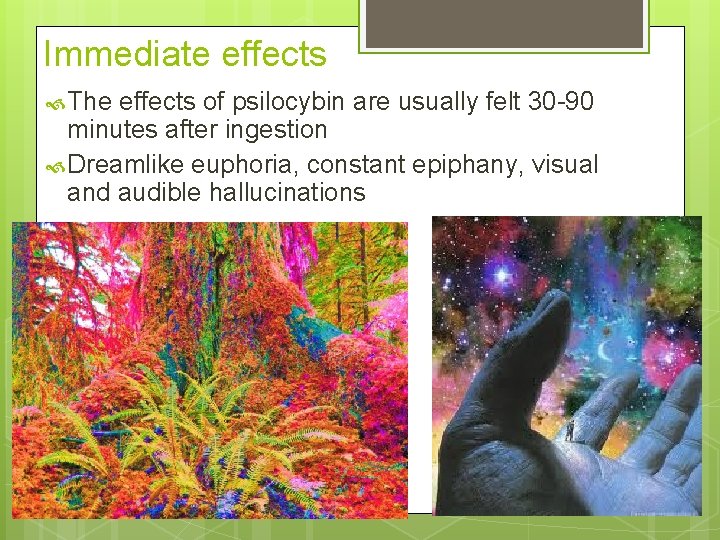 Immediate effects The effects of psilocybin are usually felt 30 -90 minutes after ingestion