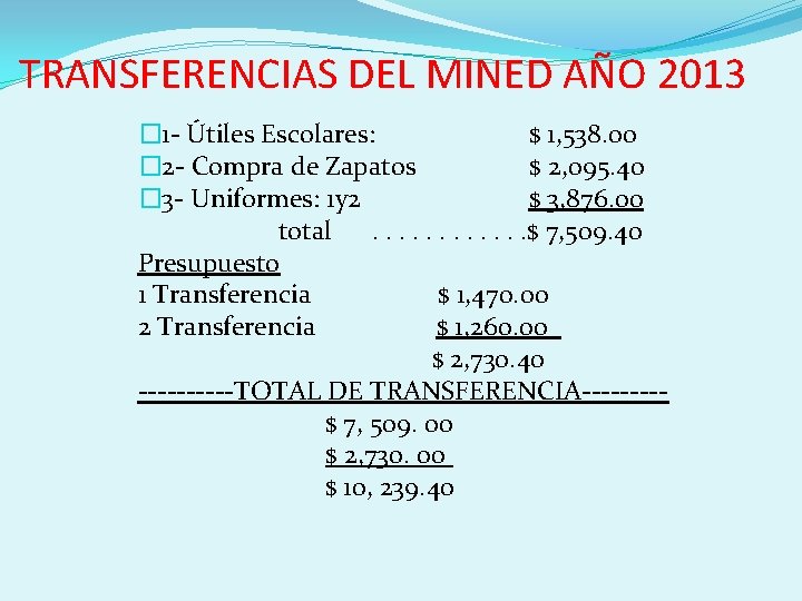 TRANSFERENCIAS DEL MINED AÑO 2013 � 1 - Útiles Escolares: $ 1, 538. 00