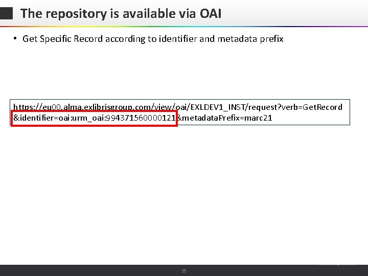 The repository is available via OAI • Get Specific Record according to identifier and
