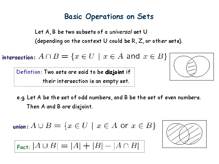 Basic Operations on Sets Let A, B be two subsets of a universal set