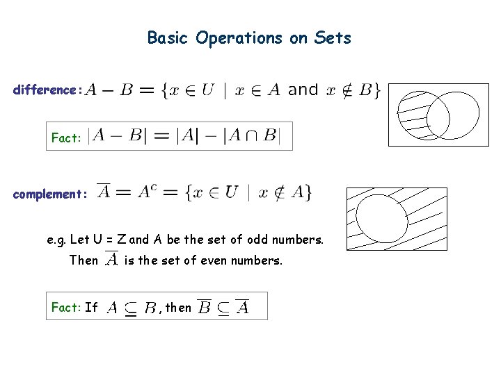Basic Operations on Sets difference: Fact: complement: e. g. Let U = Z and