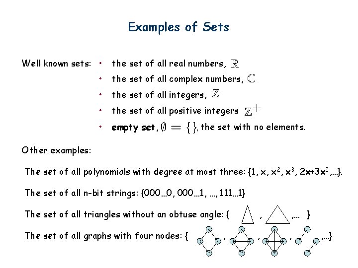 Examples of Sets Well known sets: • the set of all real numbers, •