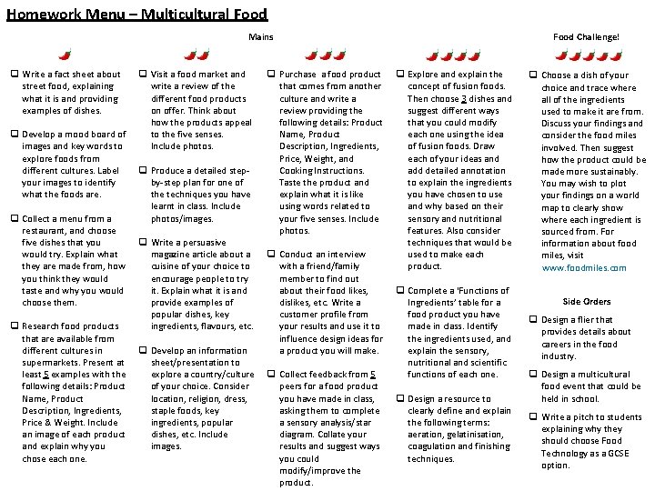 Homework Menu – Multicultural Food Challenge! Mains q Write a fact sheet about street