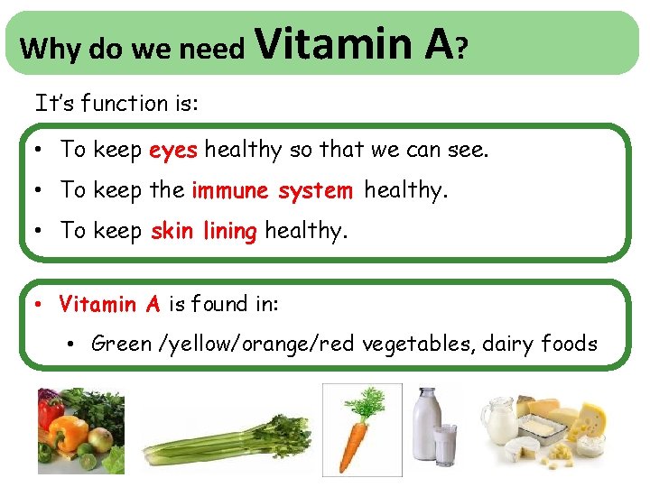 Why do we need Vitamin A? It’s function is: • To keep eyes healthy