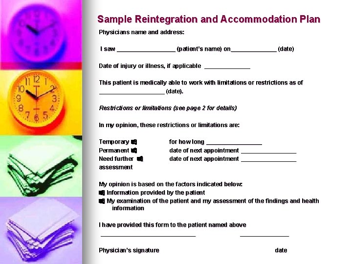 Sample Reintegration and Accommodation Plan Physicians name and address: I saw _________ (patient’s name)