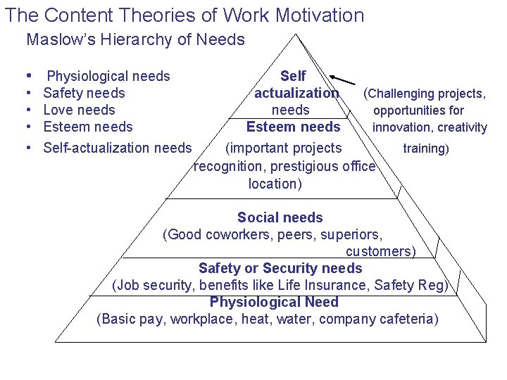 The Content Theories of Work Motivation Maslow’s Hierarchy of Needs • Physiological needs •
