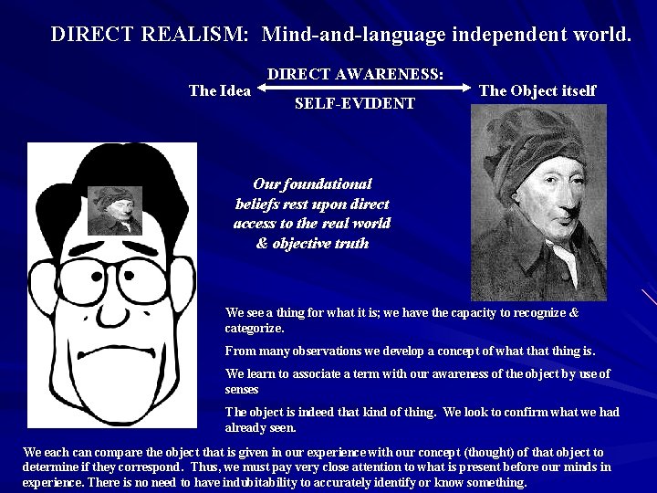 DIRECT REALISM: Mind-and-language independent world. The Idea DIRECT AWARENESS: SELF-EVIDENT The Object itself Our