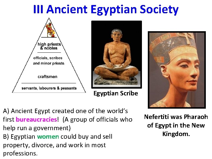 III Ancient Egyptian Society Egyptian Scribe A) Ancient Egypt created one of the world’s