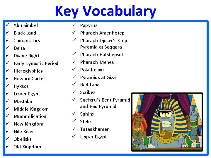 Key Vocabulary ü ü ü ü ü Abu Simbel Black Land Canopic Jars Delta