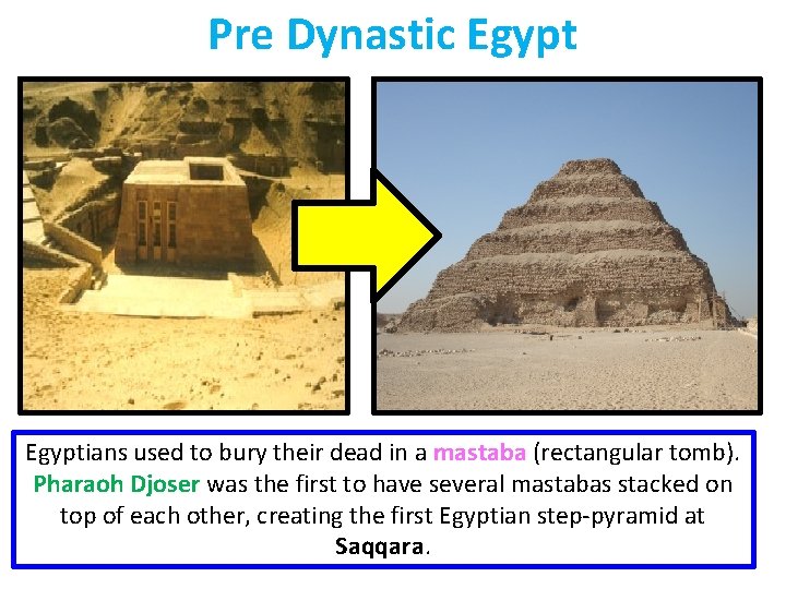 Pre Dynastic Egyptians used to bury their dead in a mastaba (rectangular tomb). Pharaoh