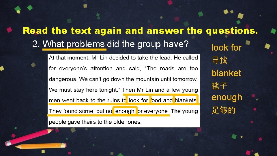 Read the text again and answer the questions. 2. What problems did the group