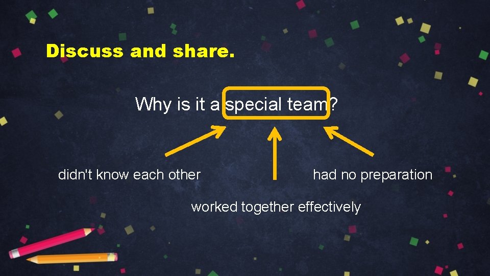 Discuss and share. Why is it a special team? didn't know each other had