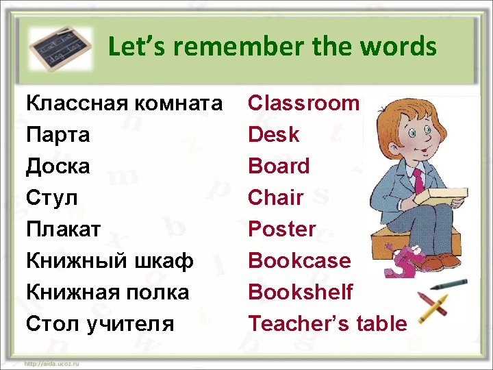 Let’s remember the words Классная комната Парта Доска Стул Плакат Книжный шкаф Книжная полка